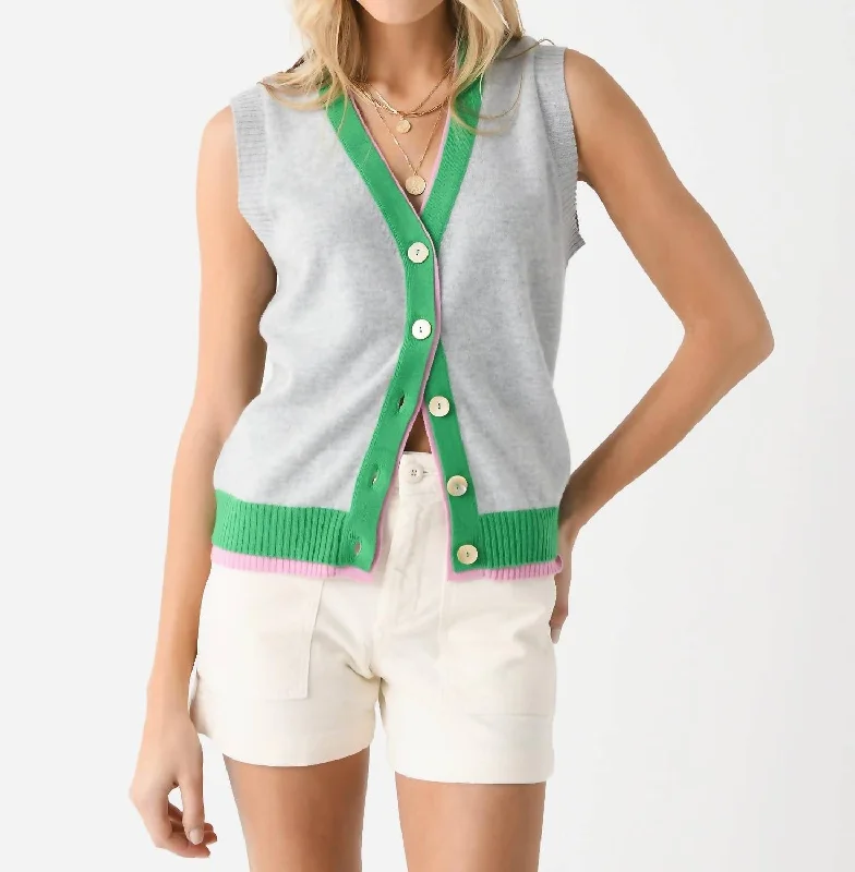 Cashmere Double Rib Sleeveless Cardigan In Super Grey/bright Green Rose