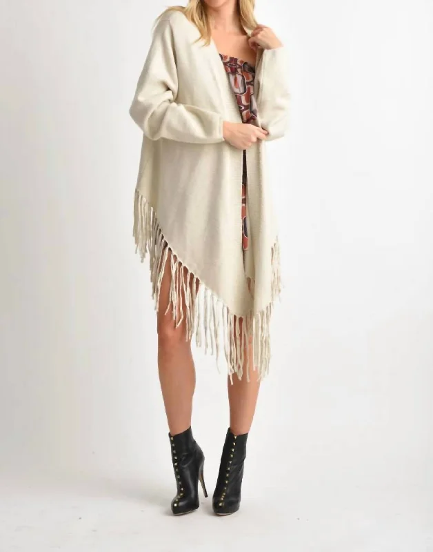 Angel Long Sleeve Cardigan With Fringe Hem In Beige