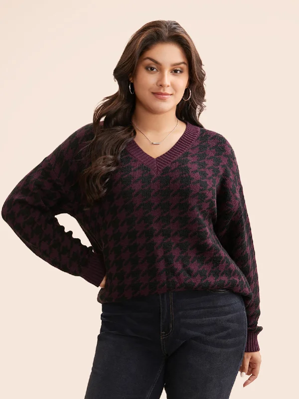 V Neck Houndstooth Drop Shoulder Pullover