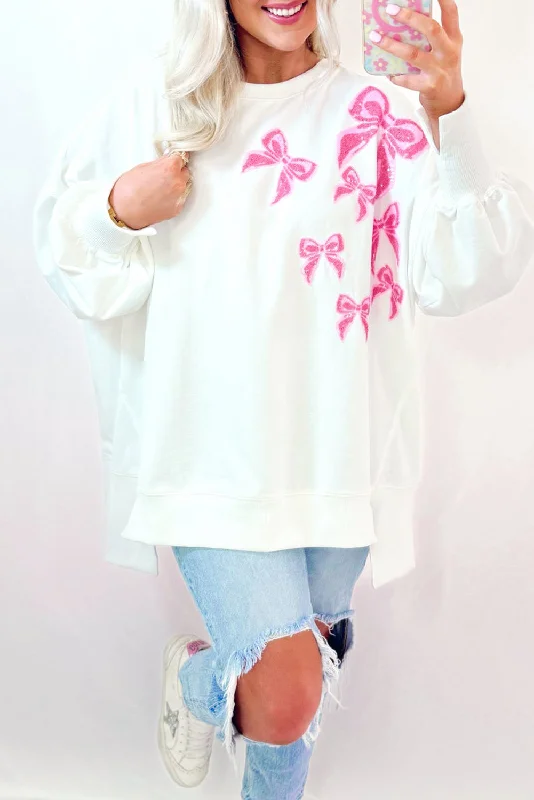 White Sequin Bowknot High Low Oversize Sweatshirt