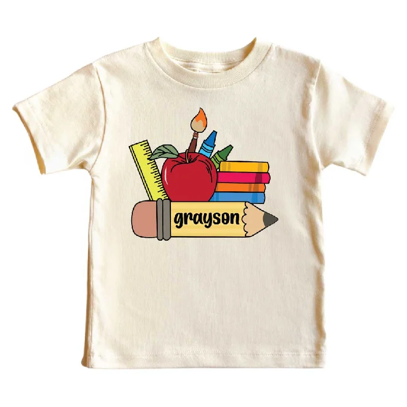 Personalized School Supplies Kids Graphic Tee | Natural