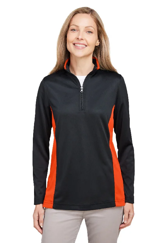 Harriton Womens Flash Performance Moisture Wicking Colorblock 1/4 Zip Sweatshirt - Black/Team Orange