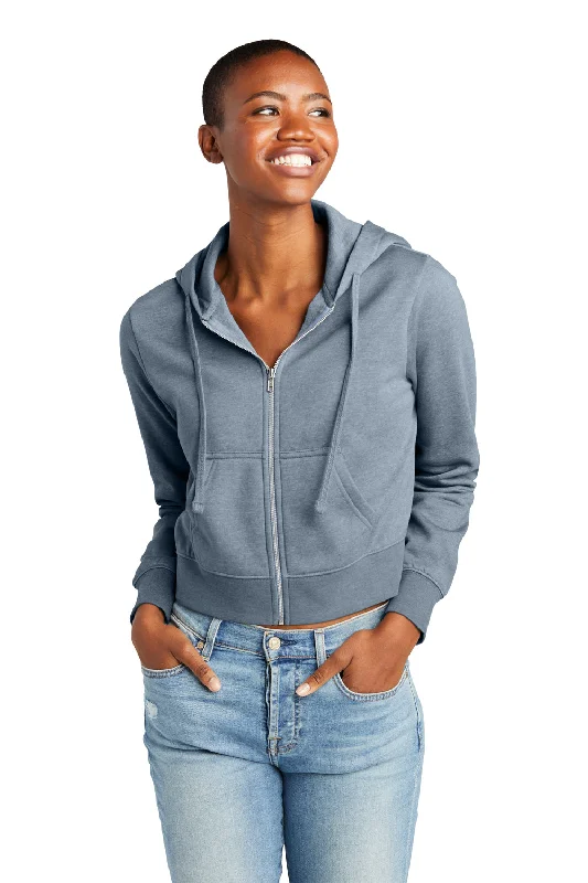 District Womens V.I.T. Fleece Full Zip Hooded Sweatshirt Hoodie w/ Pockets - Heather Flint Blue