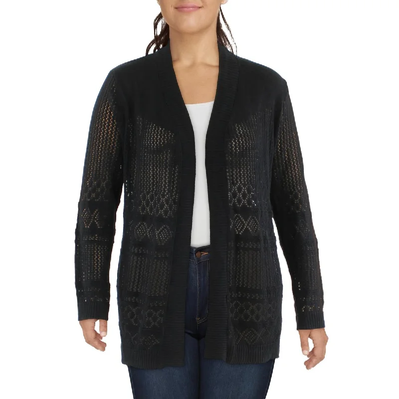 Plus Womens Ribbed Trim Crochet Cardigan Sweater