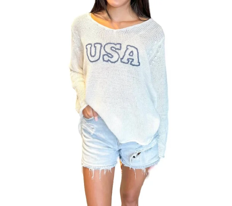 Usa V Neck Sweater In White