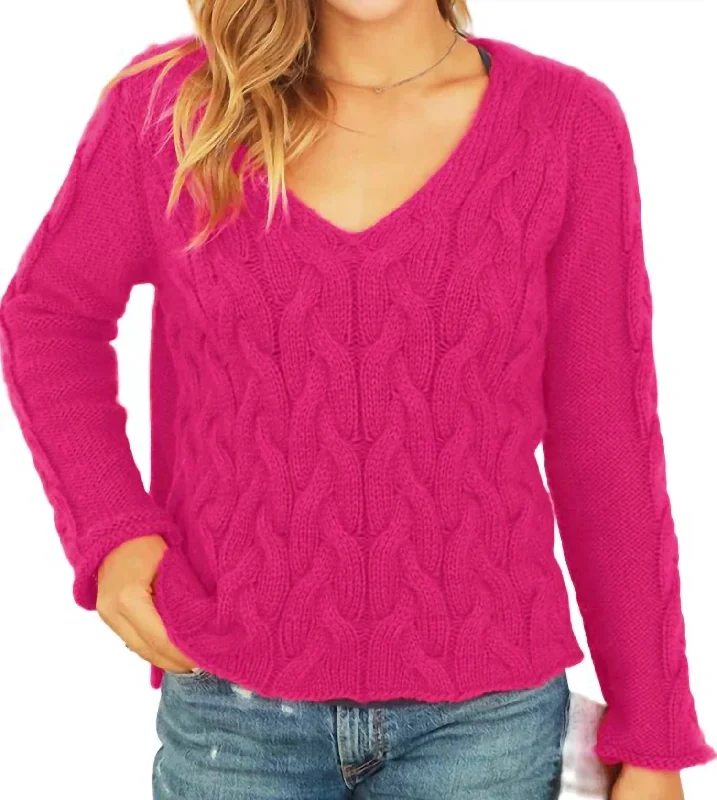 Cobblestone Cable Sweater In Hot Pink