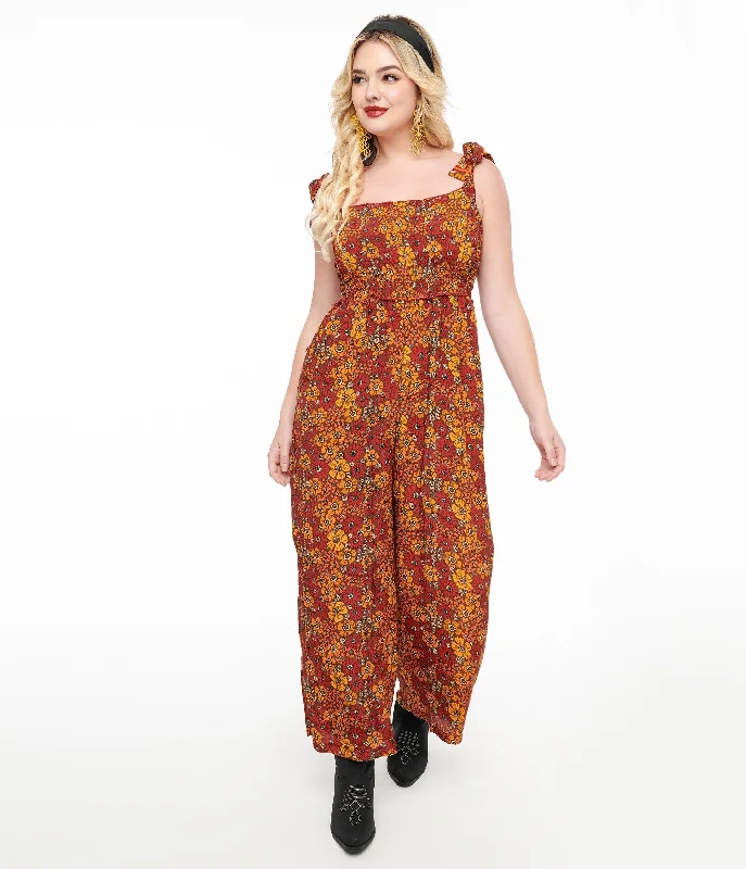 1970s Brown & Orange Flower Child Silk Jumpsuit