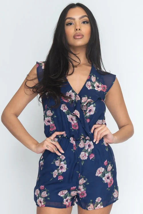 Floral Print V- Neck Romper In Navy (34615-1) Y