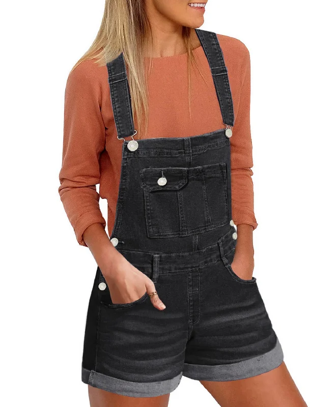 Women's Casual Cuffed Denim Bib Strap Overall Shorts Romper Shortall Jeans