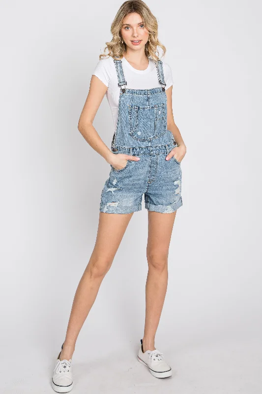 Blue Distressed Denim Short Overalls