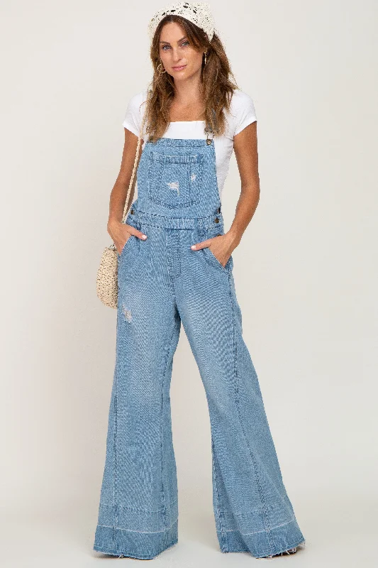 Blue Light Wash Denim Distressed Wide Leg Overalls