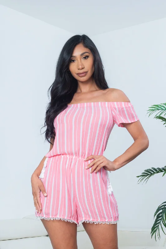 Candy Stripe Off Shoulder Cap Sleeve Mini Shorts Romper with Tassel Trim in Soft Red & White (90360)