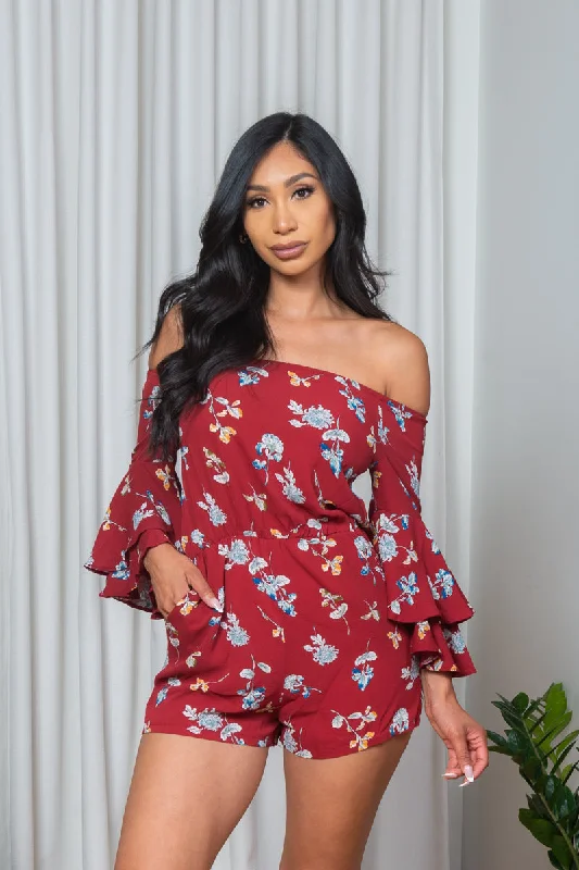 'Autumn Garden' Floral Print Off Shoulder Mini Shorts Romper with Long Tiered Bell Sleeves & Slant Pockets (171387)