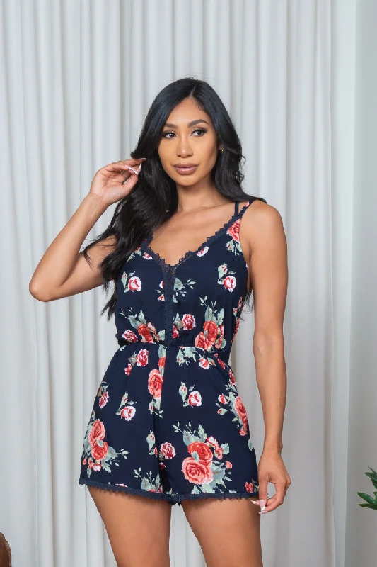 Lace Trimmed Floral Print V Neck Spaghetti Strap Micro Mini Shorts Romper in Navy (171721)