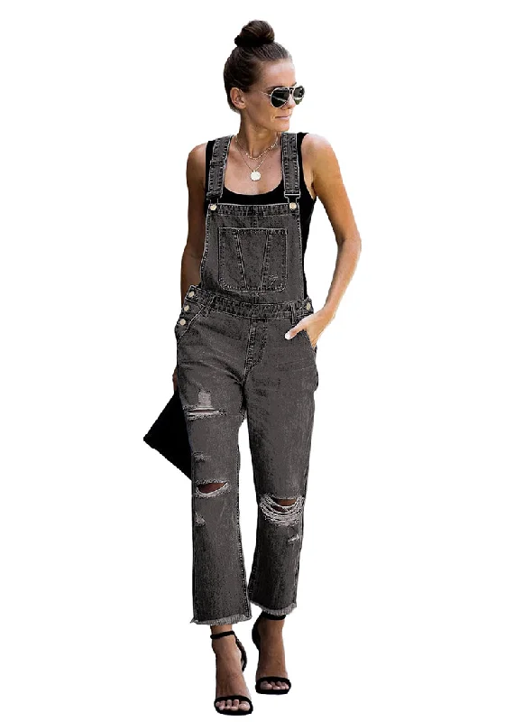 Women's Casual Ripped Denim Bib Overalls Stretch Jeans Pants Jumpsuits