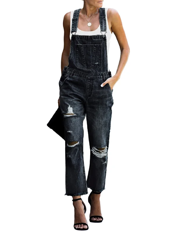 Women's Casual Ripped Denim Bib Overalls Stretch Jeans Pants Jumpsuits