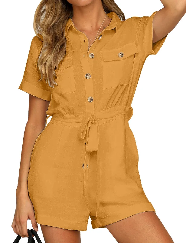 Mustard Short Sleeves Button-Down Belted Romper