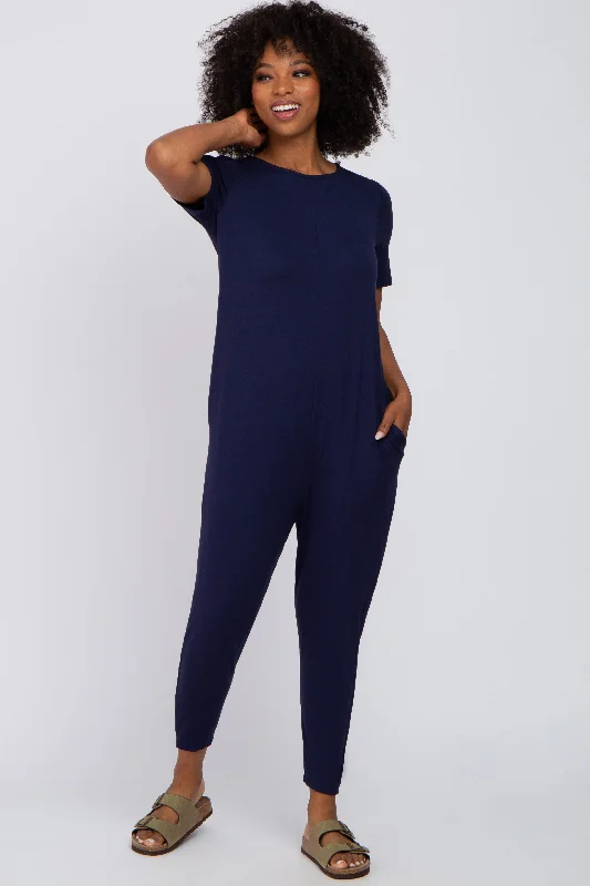 Navy Blue Basic Short Sleeve Jumpsuit