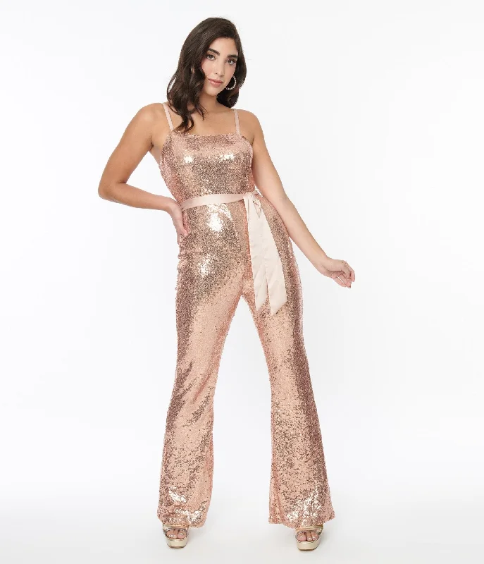 Unique Vintage Rose Gold Sequin Flare Jumpsuit