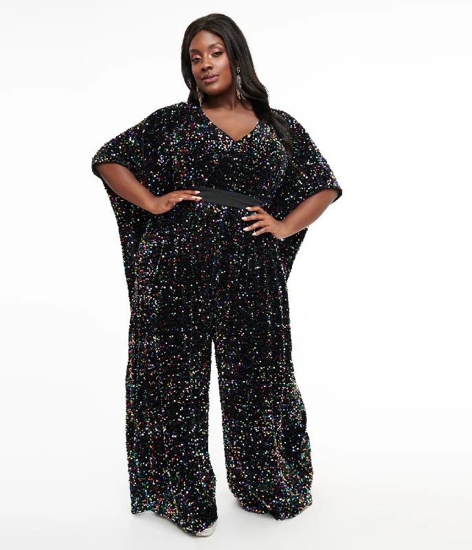 Unique Vintage Plus Size 1970s Black Iridescent Sequin Caftan Jumpsuit