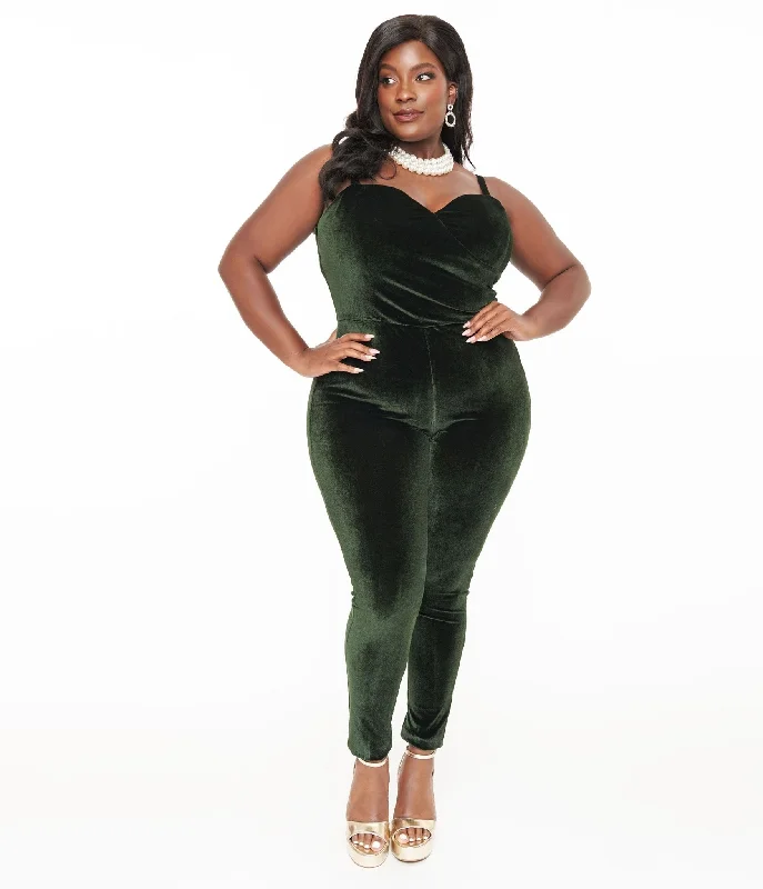 Unique Vintage Plus Size 1970s Dark Green Velvet Jumpsuit