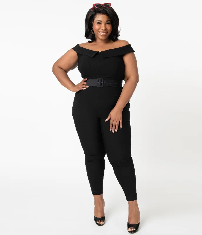 Unique Vintage Plus Size 1950s Black Off Shoulder Gillian Jumpsuit