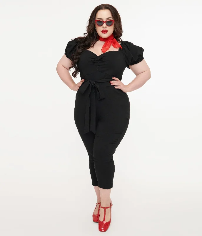 Unique Vintage Plus Size Solid Black Belted Jumpsuit