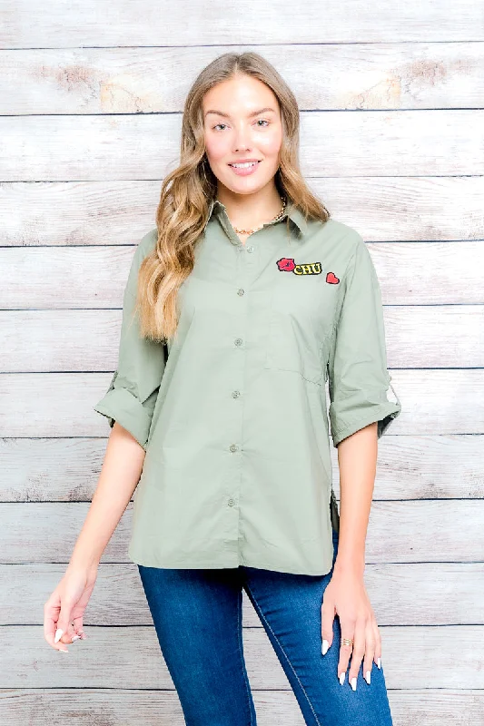 3/4 Sleeve Button Down Top 3Patches* (1327TM)